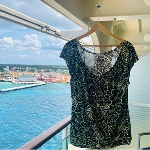 CAROL ROSE ☀️ Green Brown Floral Print Fitted Stretch Front Tie Blouse Sz L